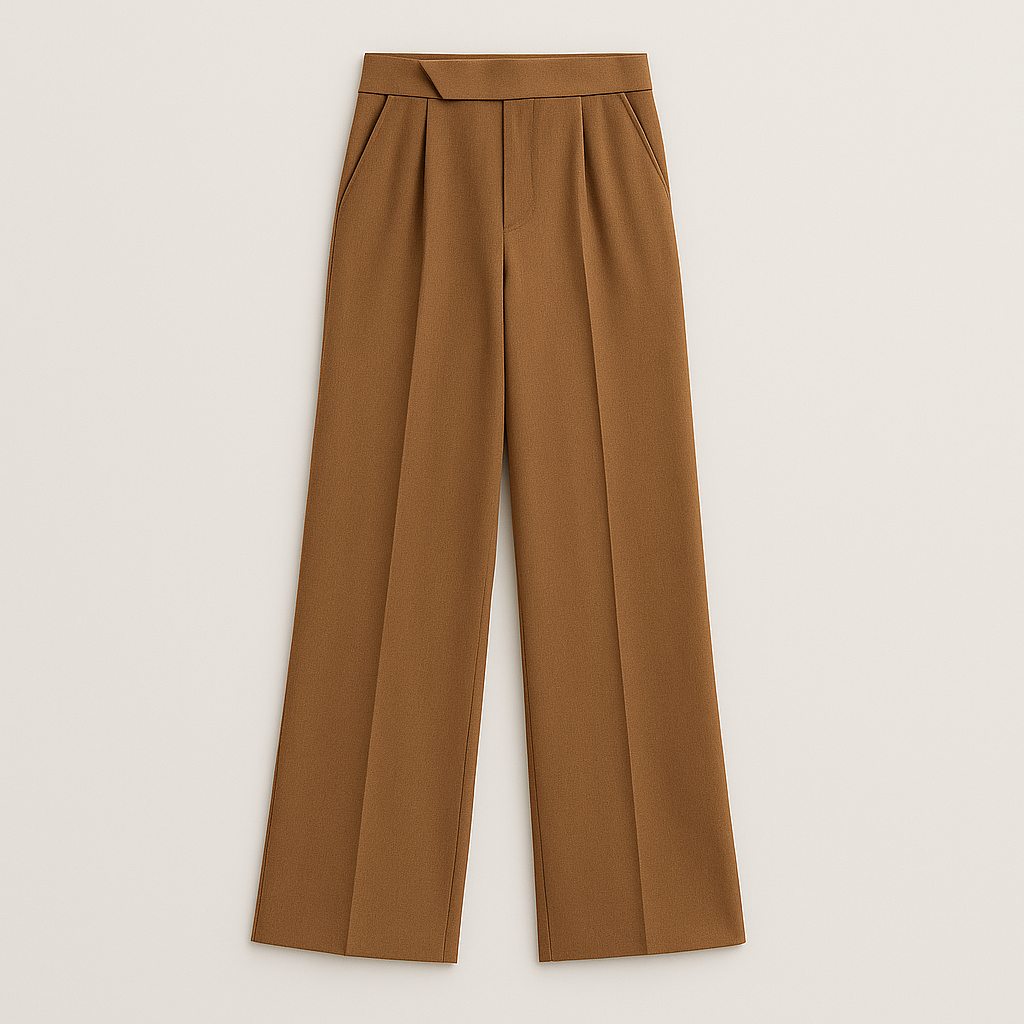 Women’s structured trousers with a high-rise waist and straight-leg fit, crafted from smooth tailored fabric for an elegant silhouette.