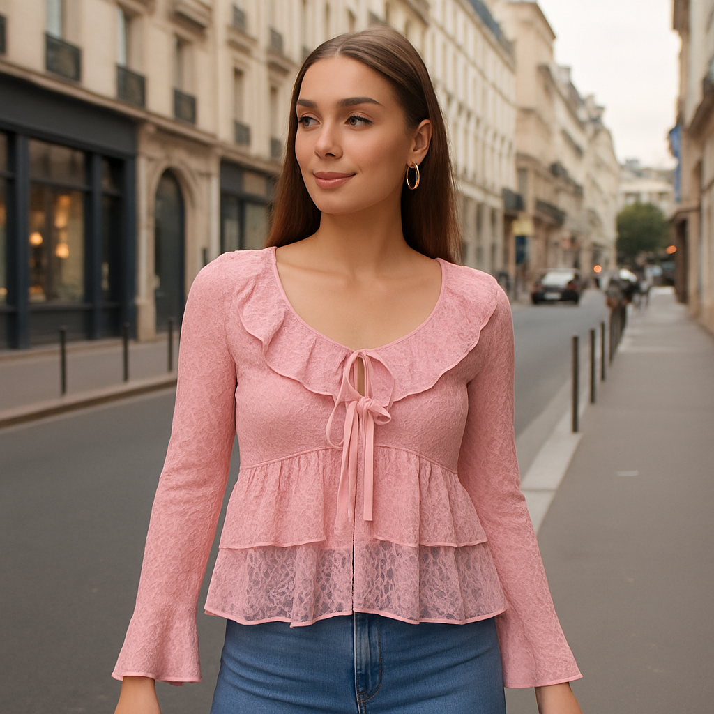 The Kiera Lace Ruffle Top – Pink S | Nora Elle