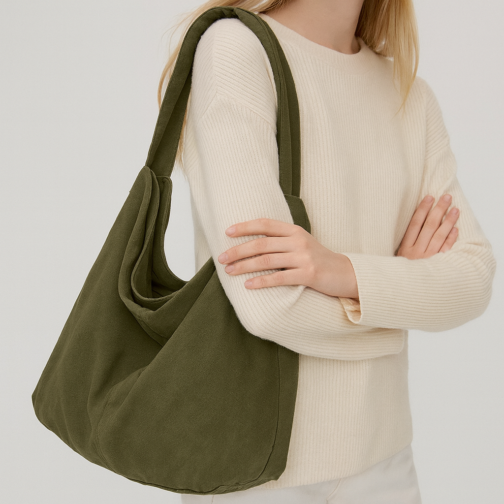 Canvas shoulder bag with oversized silhouette, soft shoulder strap, and spacious interior.