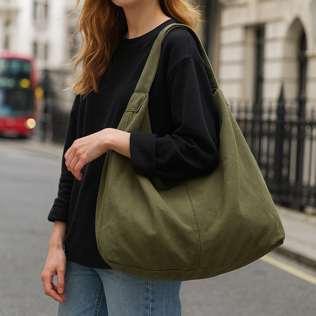 Canvas shoulder bag with oversized silhouette, soft shoulder strap, and spacious interior.
