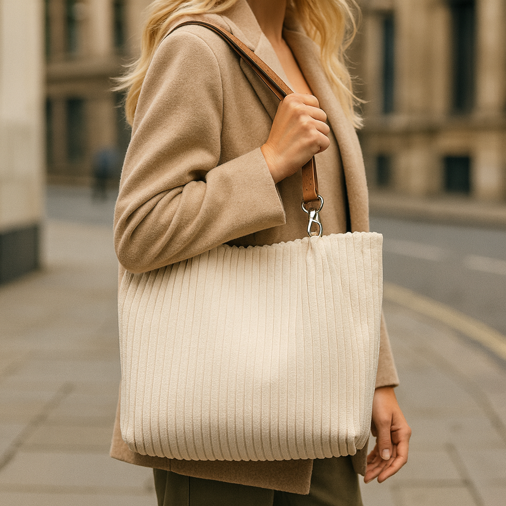 Casual corduroy tote bag with soft textured fabric, spacious open interior, sturdy handles, and relaxed everyday design