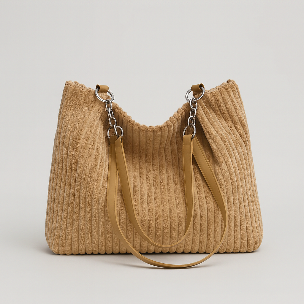 Casual corduroy tote bag with soft textured fabric, spacious open interior, sturdy handles, and relaxed everyday design