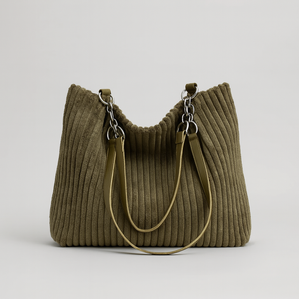 Casual corduroy tote bag with soft textured fabric, spacious open interior, sturdy handles, and relaxed everyday design