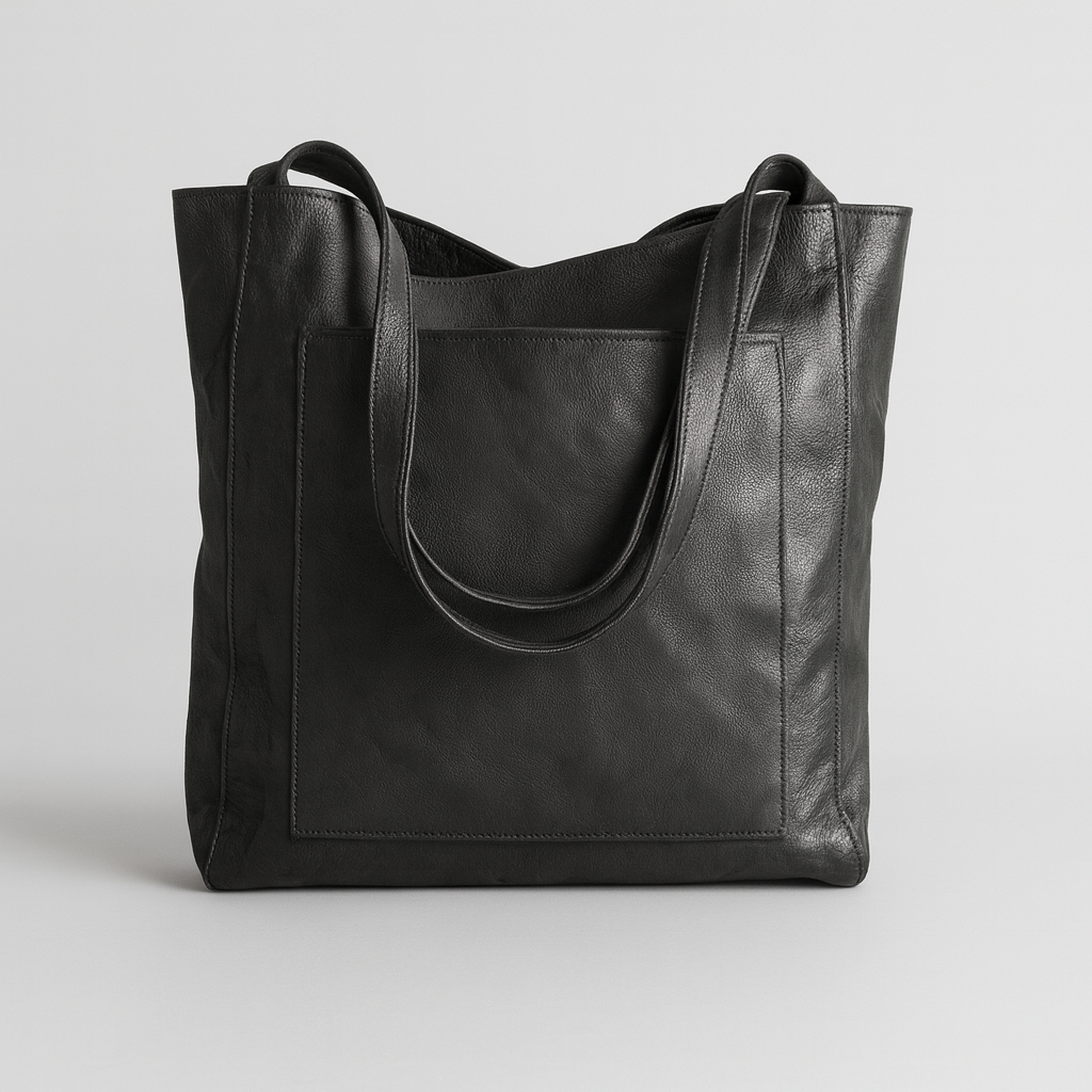 tote bag with long shoulder straps, large front pocket, and spacious interior.