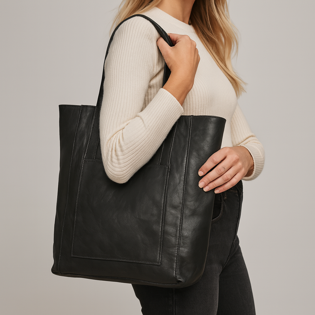 tote bag with long shoulder straps, large front pocket, and spacious interior.