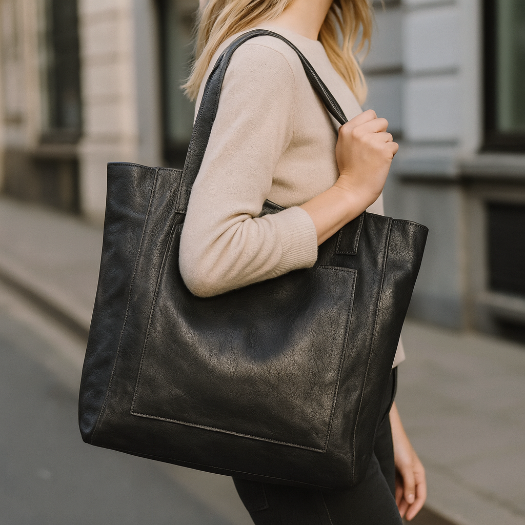 tote bag with long shoulder straps, large front pocket, and spacious interior.