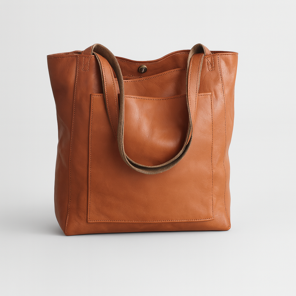 tote bag with long shoulder straps, large front pocket, and spacious interior.