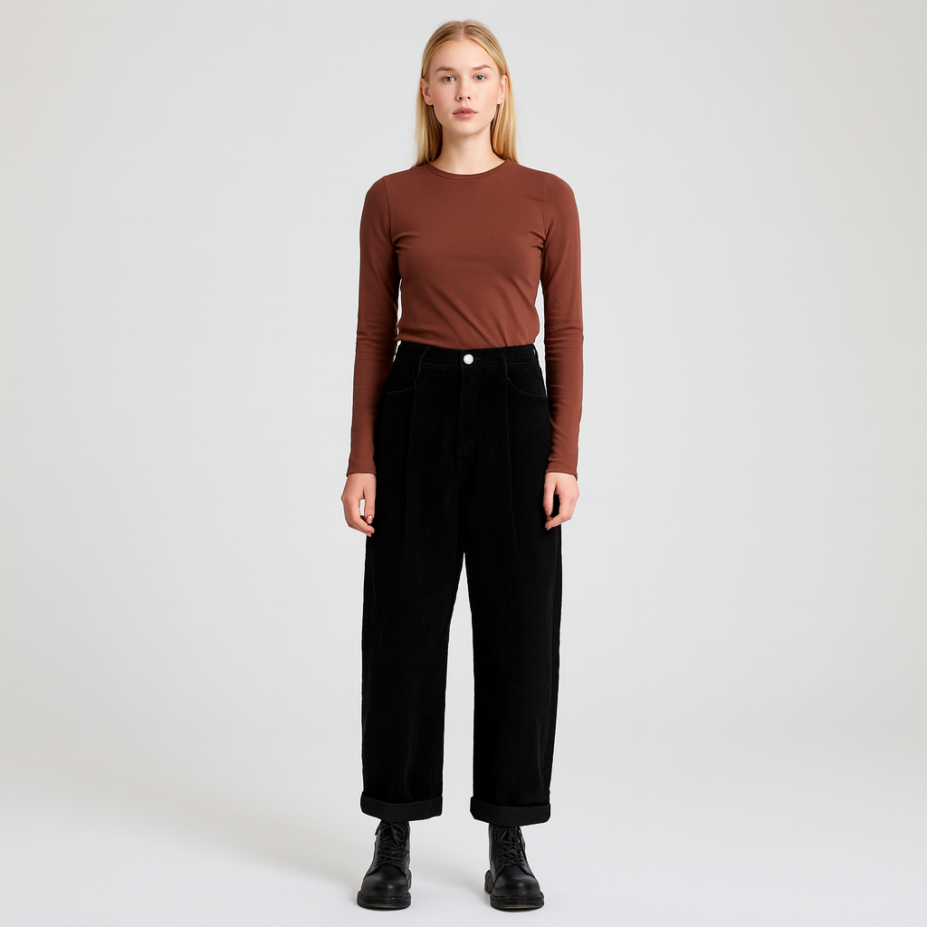 Women’s corduroy trousers with a high-rise waist and straight-leg fit, crafted from soft textured cord fabric.