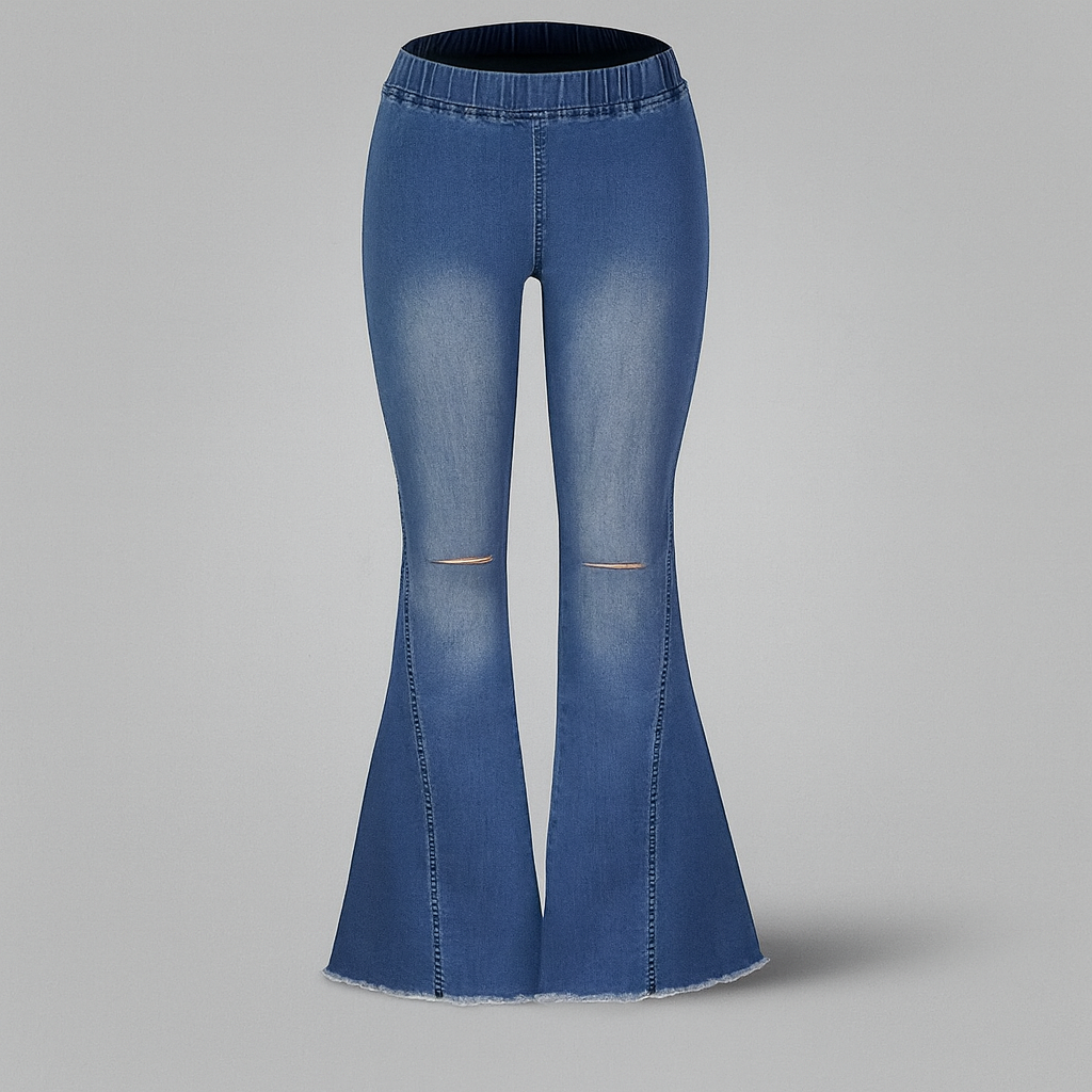 Women’s flare jeans with a high-rise waist and slim fit through the thigh, flaring out from the knee for a vintage look.