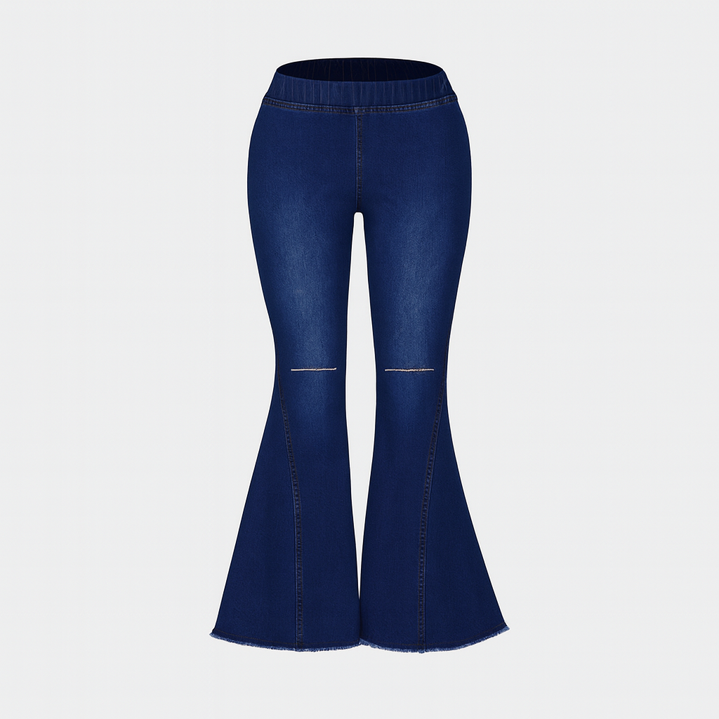 Women’s flare jeans with a high-rise waist and slim fit through the thigh, flaring out from the knee for a vintage look.