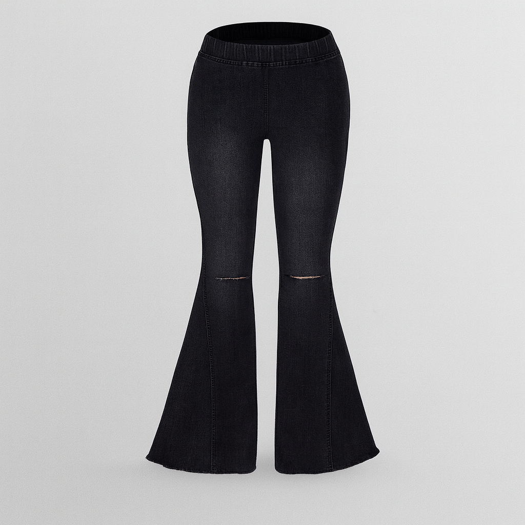 Women’s flare jeans with a high-rise waist and slim fit through the thigh, flaring out from the knee for a vintage look.