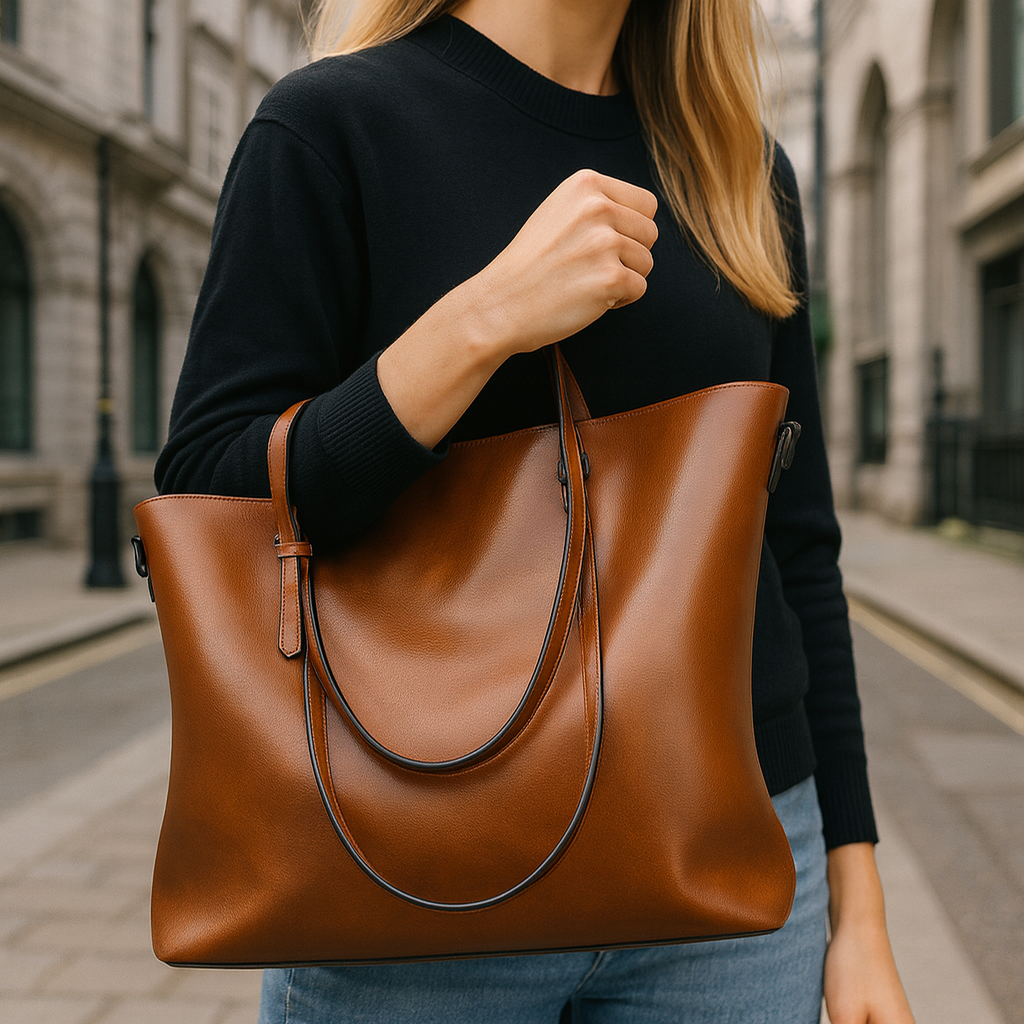 tote bag with dual top handles, detachable shoulder strap, and spacious interior.