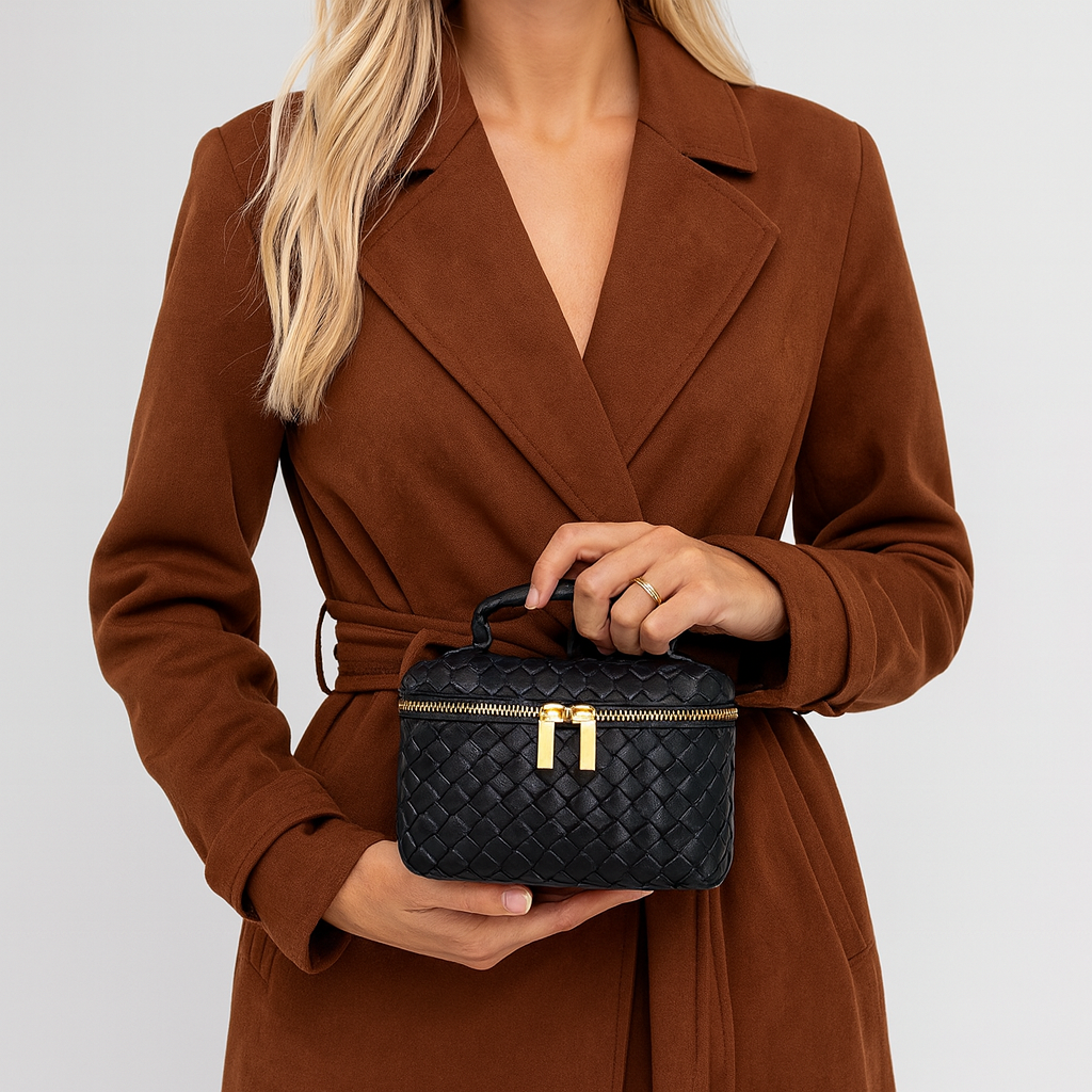 Woven leather crossbody bag with adjustable strap, secure zip closure, and compact design for stylish everyday wear