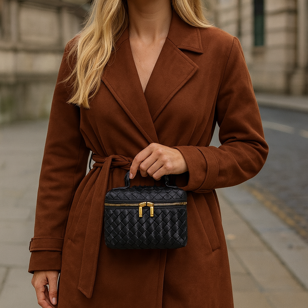 Woven leather crossbody bag with adjustable strap, secure zip closure, and compact design for stylish everyday wear