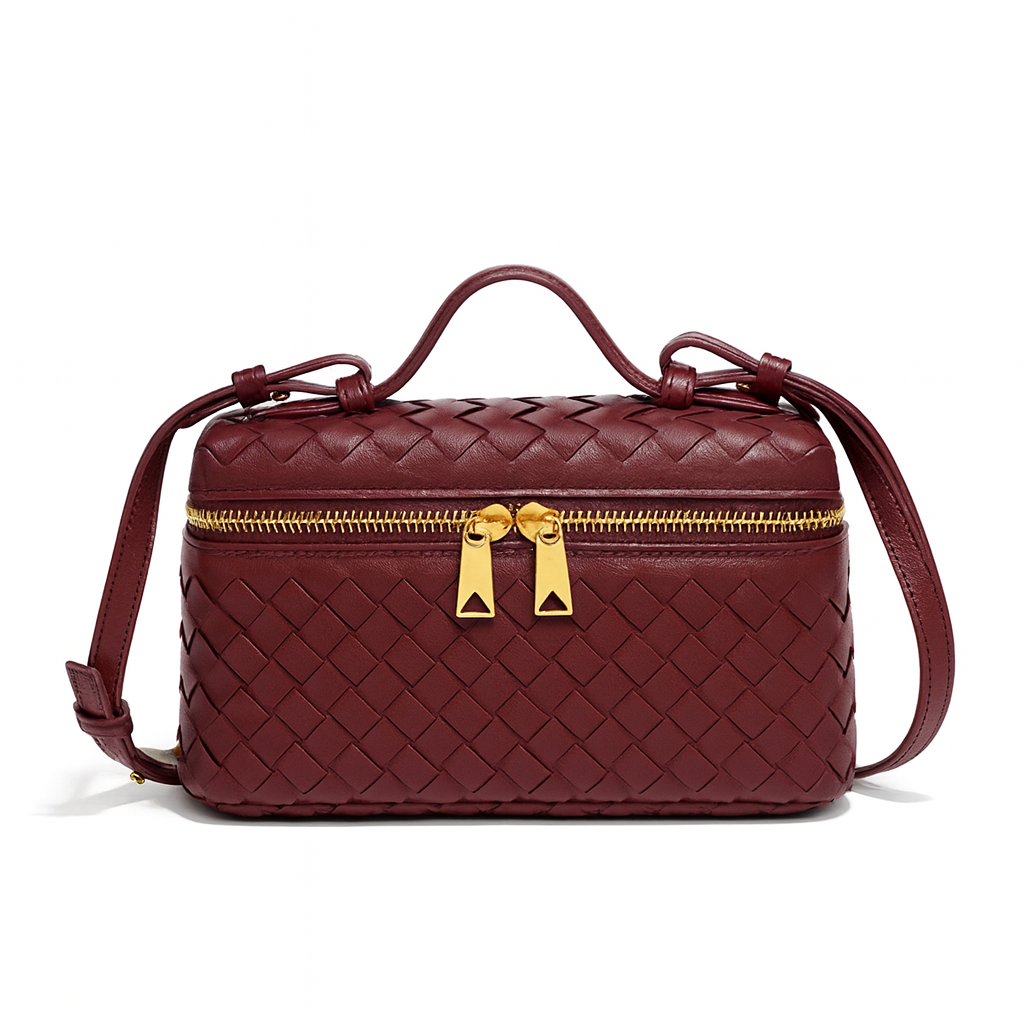 Woven leather crossbody bag with adjustable strap, secure zip closure, and compact design for stylish everyday wear