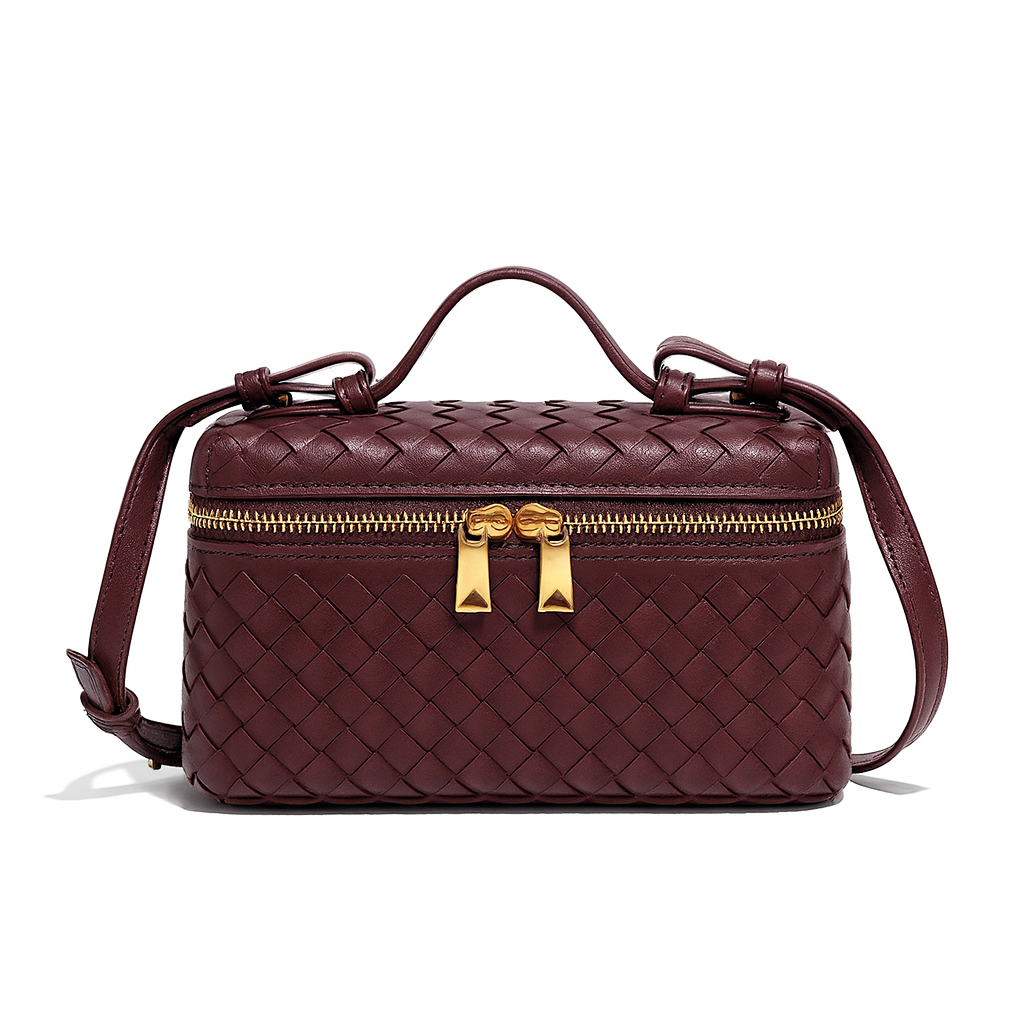 Woven leather crossbody bag with adjustable strap, secure zip closure, and compact design for stylish everyday wear