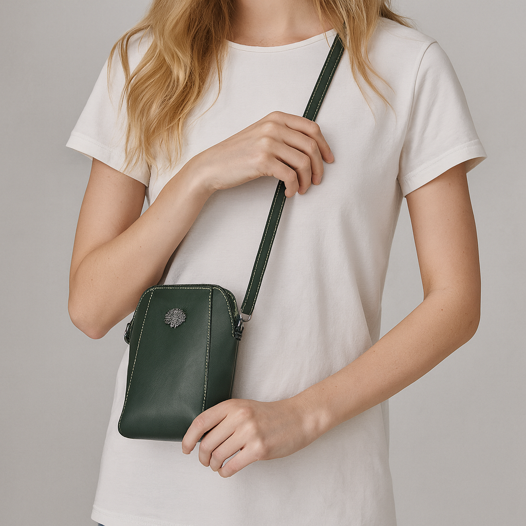 Compact crossbody bag with sleek leather finish, adjustable strap, secure top zip closure, and minimalist design for everyday use