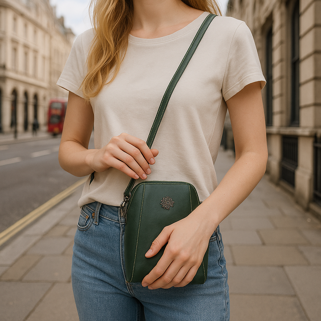 Compact crossbody bag with sleek leather finish, adjustable strap, secure top zip closure, and minimalist design for everyday use