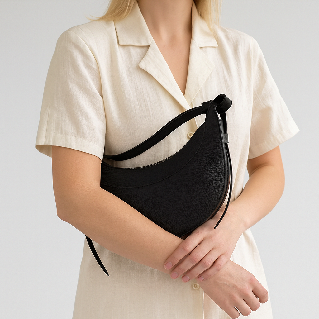 Faux leather crescent shoulder bag with curved silhouette, adjustable strap, and gold-tone zipper closure.