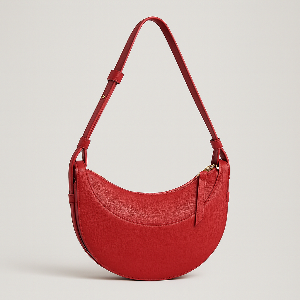Faux leather crescent shoulder bag with curved silhouette, adjustable strap, and gold-tone zipper closure.
