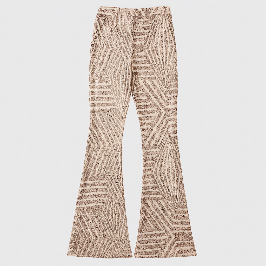 Women’s sequin flare pants with a high-rise waist and slim fit through the thigh, flaring out for a show-stopping look.