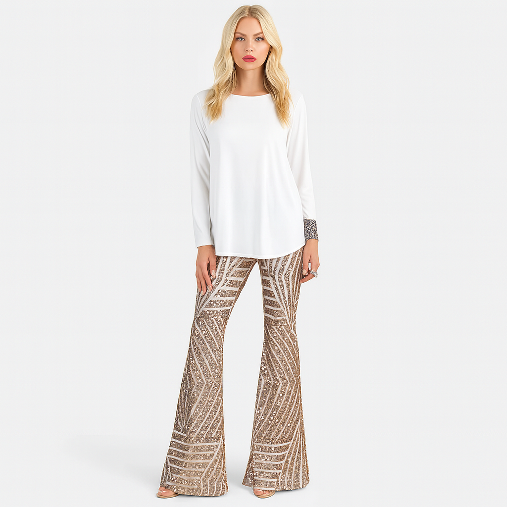 Women’s sequin flare pants with a high-rise waist and slim fit through the thigh, flaring out for a show-stopping look.