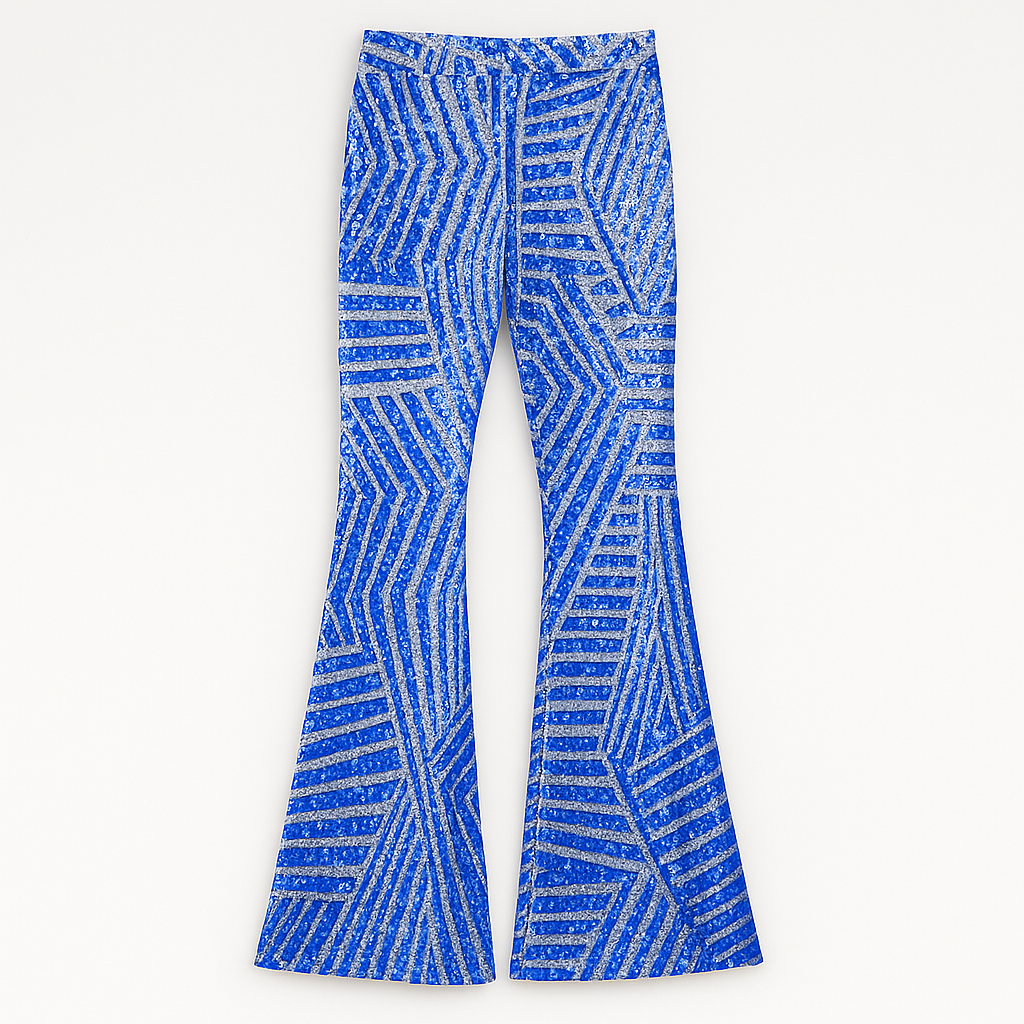 Women’s sequin flare pants with a high-rise waist and slim fit through the thigh, flaring out for a show-stopping look.
