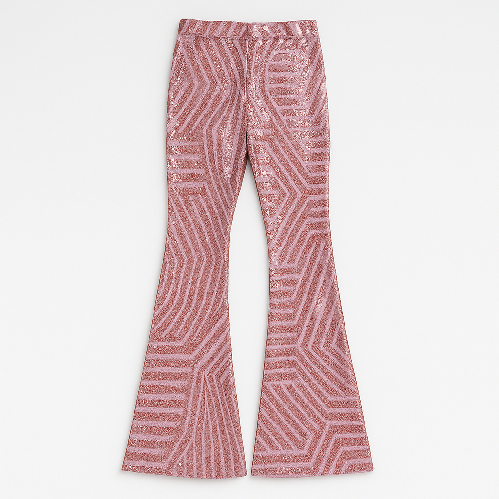 Women’s sequin flare pants with a high-rise waist and slim fit through the thigh, flaring out for a show-stopping look.