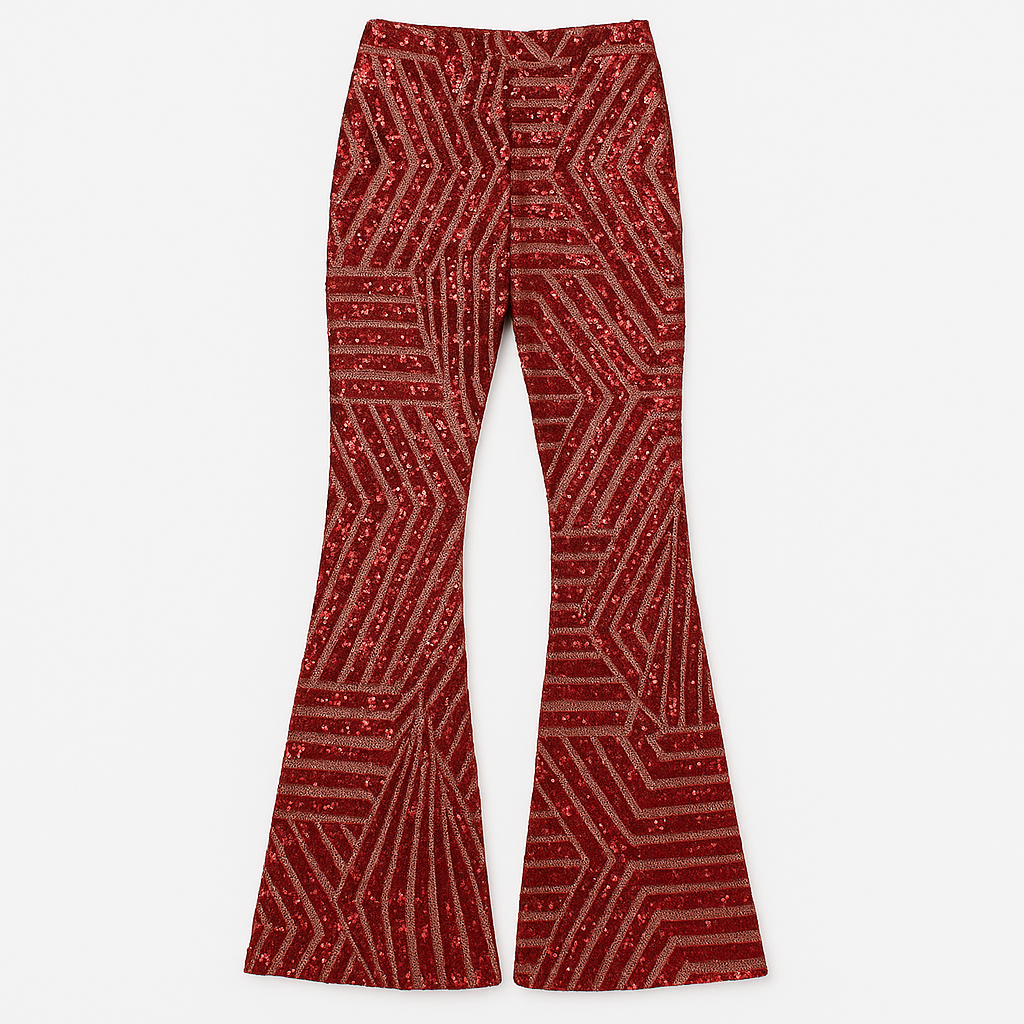 Women’s sequin flare pants with a high-rise waist and slim fit through the thigh, flaring out for a show-stopping look.