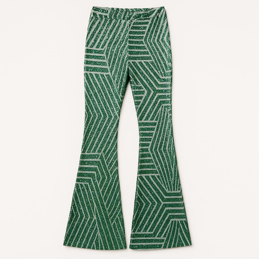 Women’s sequin flare pants with a high-rise waist and slim fit through the thigh, flaring out for a show-stopping look.