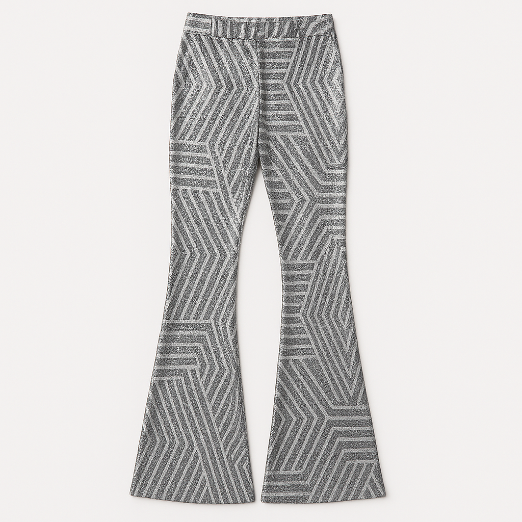 Women’s sequin flare pants with a high-rise waist and slim fit through the thigh, flaring out for a show-stopping look.