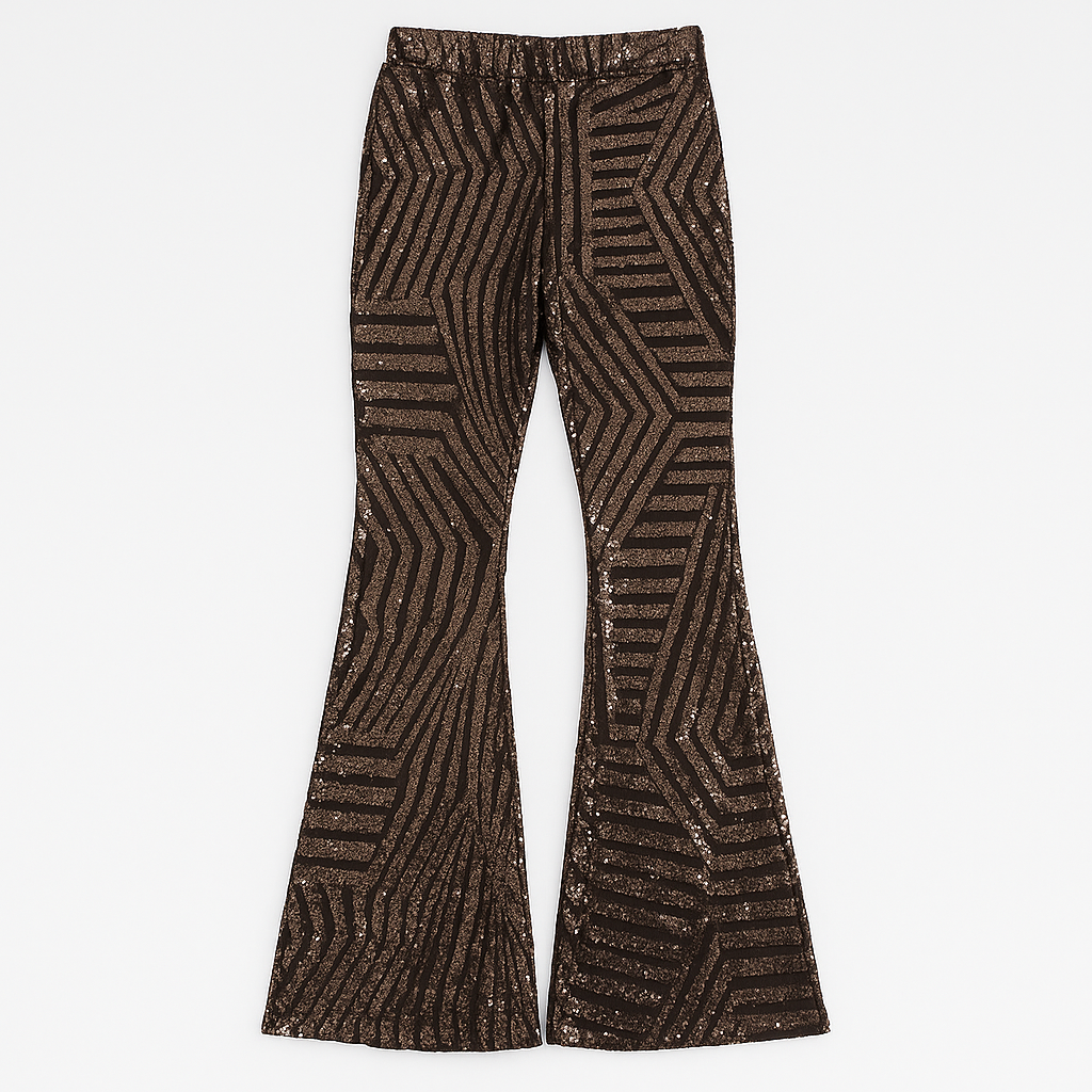 Women’s sequin flare pants with a high-rise waist and slim fit through the thigh, flaring out for a show-stopping look.