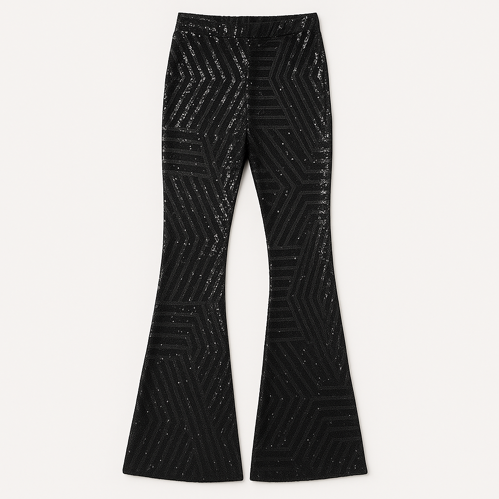 Women’s sequin flare pants with a high-rise waist and slim fit through the thigh, flaring out for a show-stopping look.