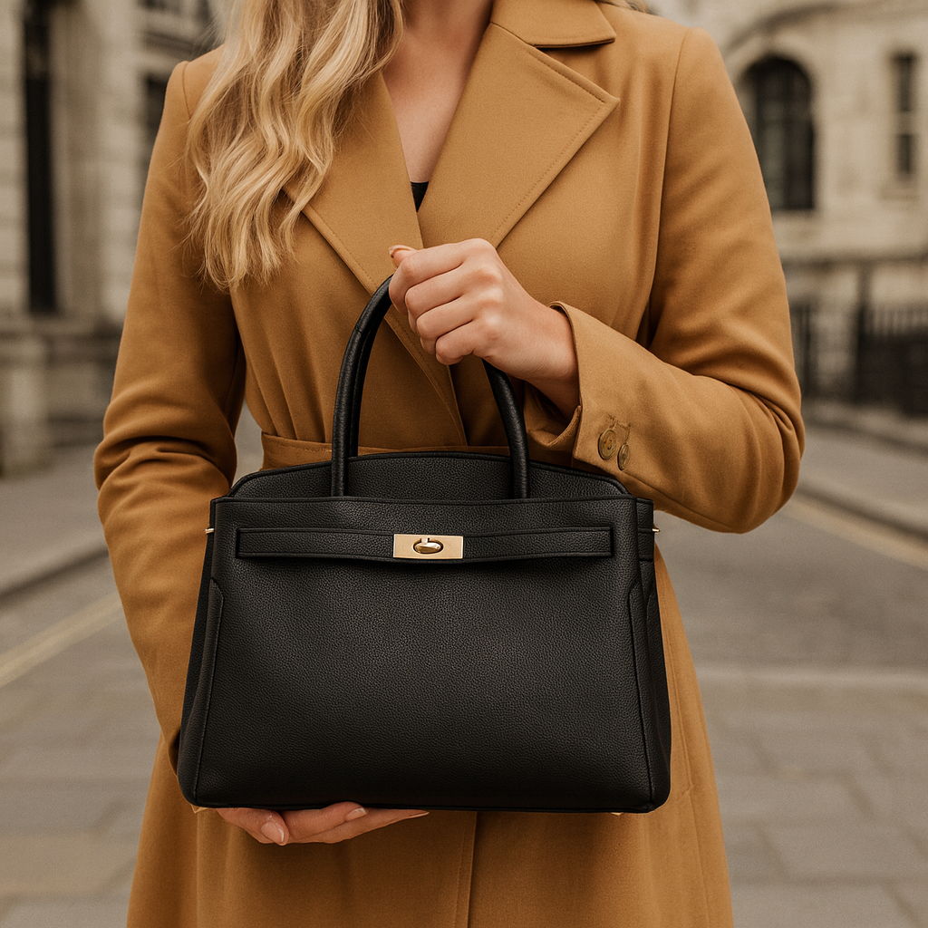 Structured leather handbag with top handles, detachable shoulder strap, and sleek minimalist design for polished everyday style