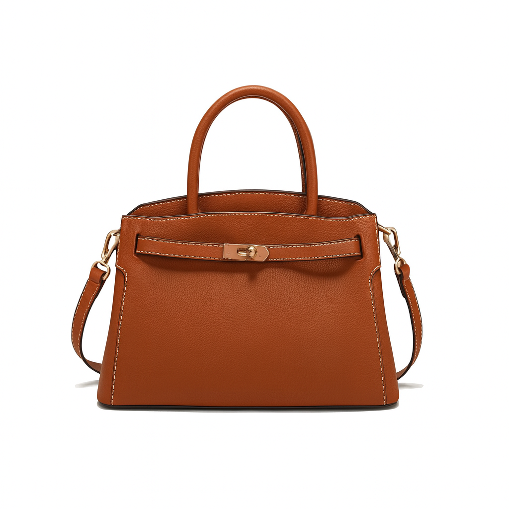 Structured leather handbag with top handles, detachable shoulder strap, and sleek minimalist design for polished everyday style