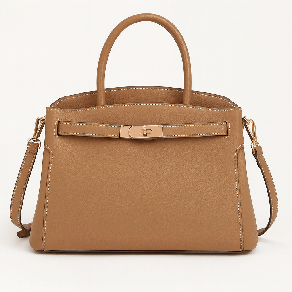 Structured leather handbag with top handles, detachable shoulder strap, and sleek minimalist design for polished everyday style