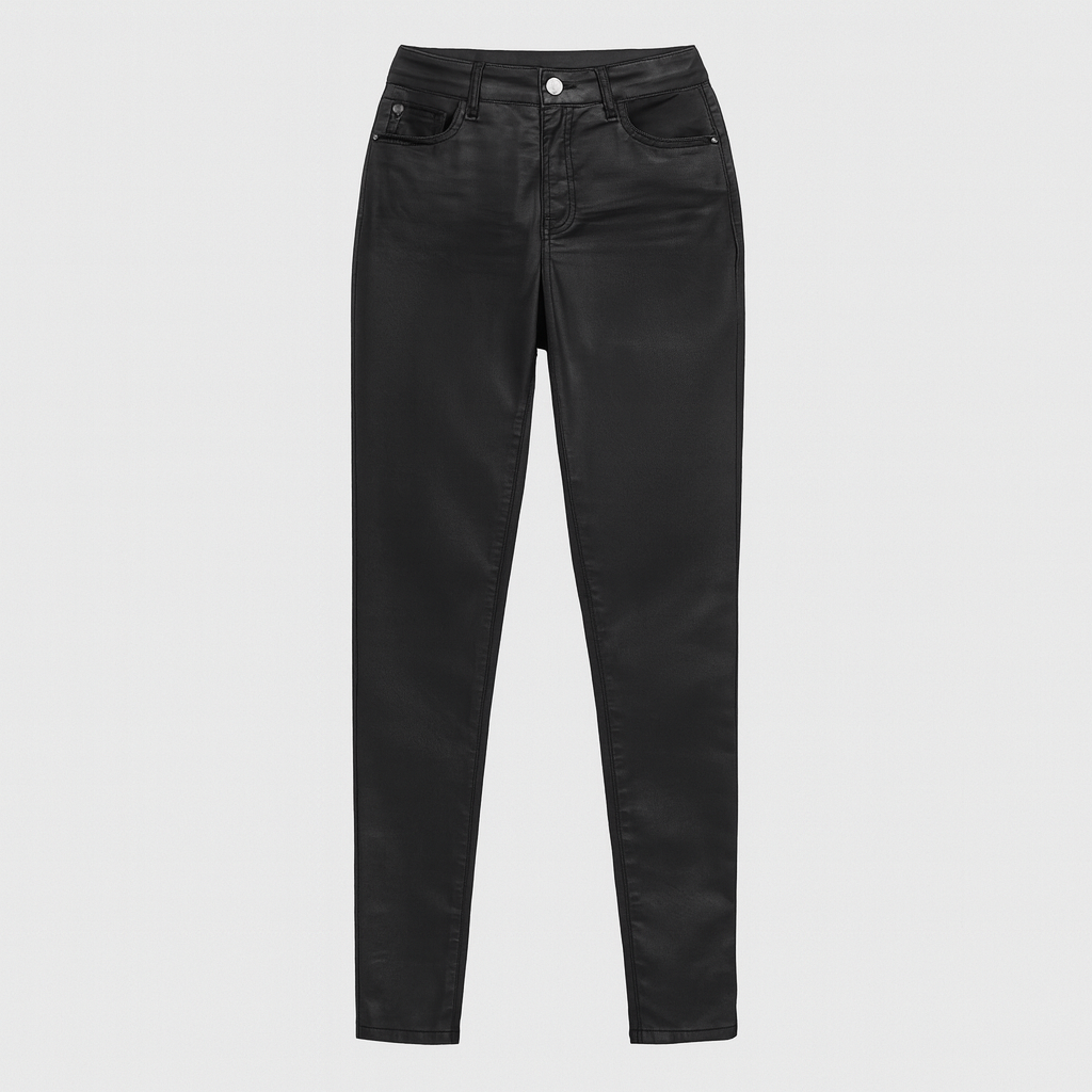 Women’s leather-look jeggings with a high-rise waist and skinny fit, offering a smooth, polished finish.