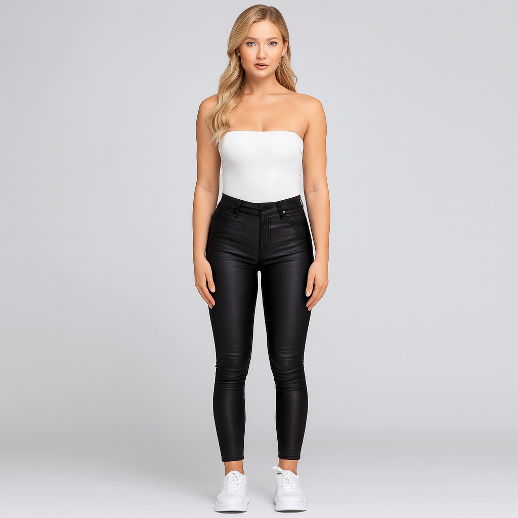 Women’s leather-look jeggings with a high-rise waist and skinny fit, offering a smooth, polished finish.