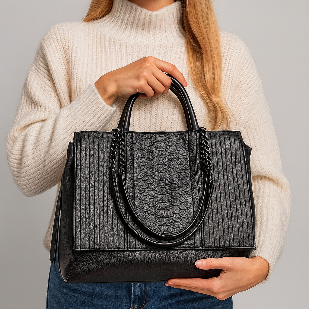 Women’s croc-embossed tote featuring a sleek textured design, spacious interior, and sturdy top handles.