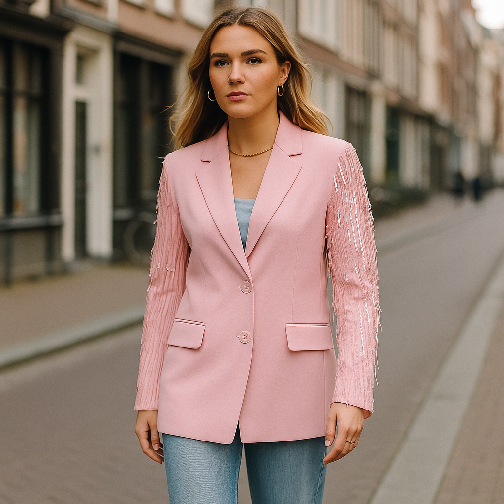 The Vera Glitter-Sleeve Blazer – Pink S | Nora Elle