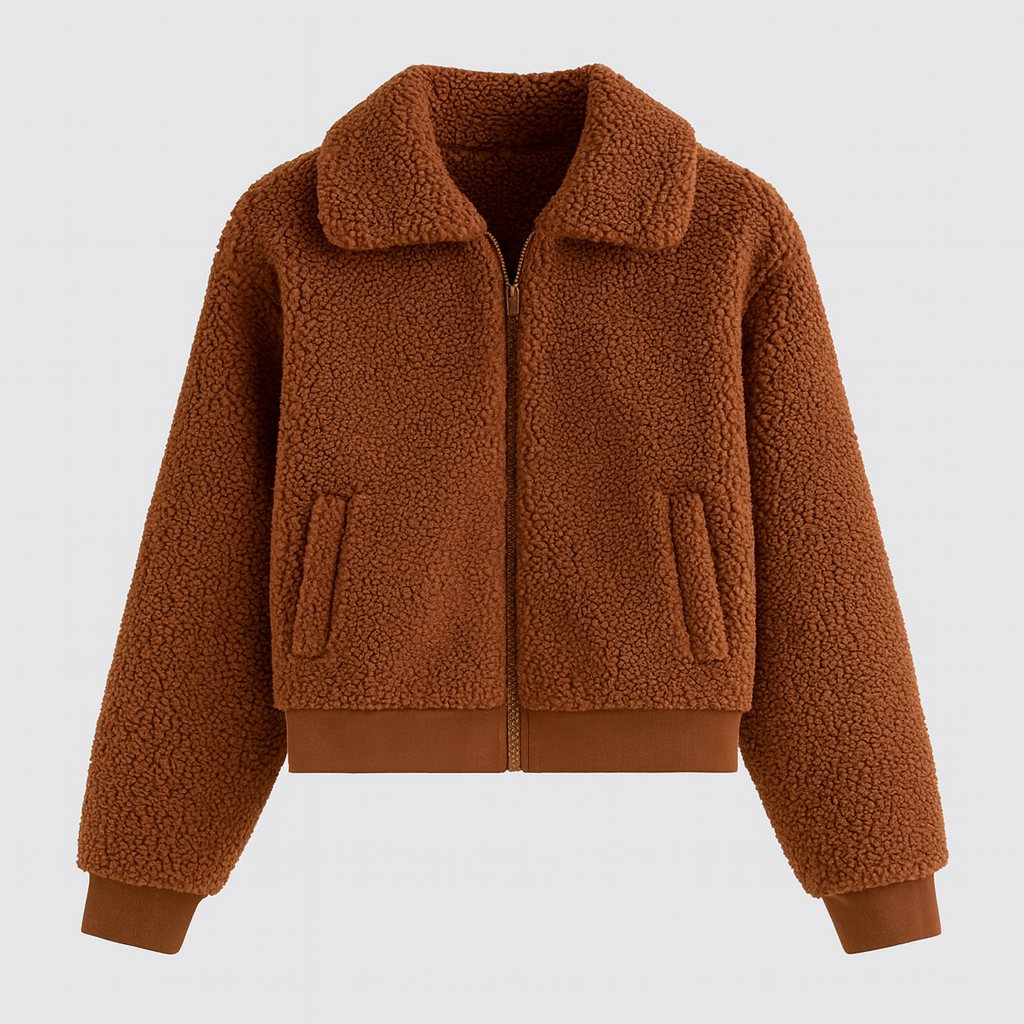 A teddy fleece jacket with long sleeves, spread collar, and a zip-front closure.