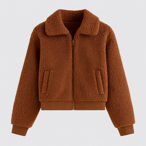 A teddy fleece jacket with long sleeves, spread collar, and a zip-front closure.