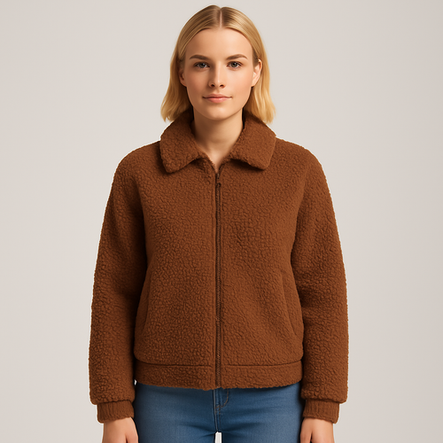 A teddy fleece jacket with long sleeves, spread collar, and a zip-front closure.