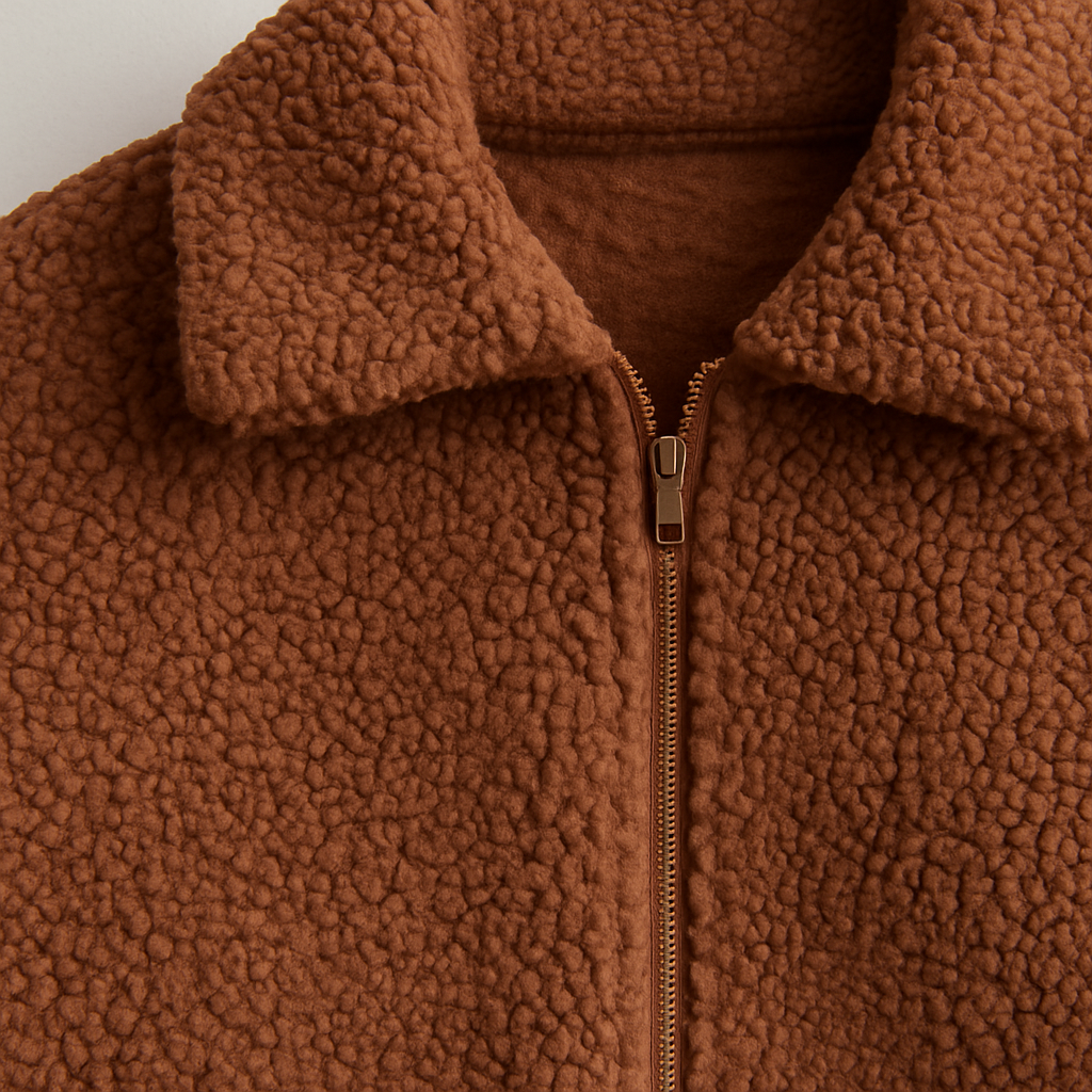 A teddy fleece jacket with long sleeves, spread collar, and a zip-front closure.