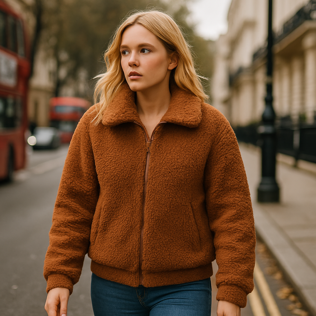 A teddy fleece jacket with long sleeves, spread collar, and a zip-front closure.