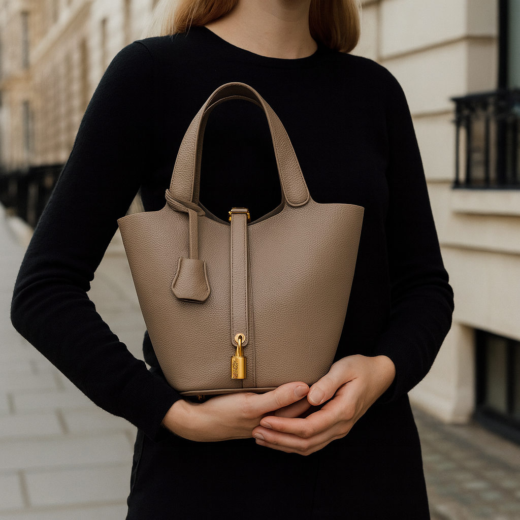 Spacious bucket tote with structured leather body, adjustable shoulder strap, drawstring closure, and minimalist design for everyday carry