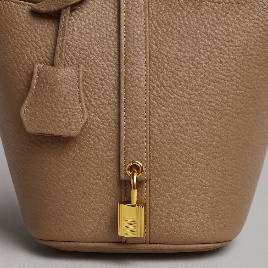Spacious bucket tote with structured leather body, adjustable shoulder strap, drawstring closure, and minimalist design for everyday carry