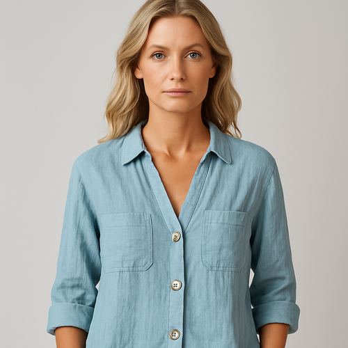 Light blue linen button shirt with V-neckline, front pockets, and three-quarter rolled sleeves, styled for a breezy summer look