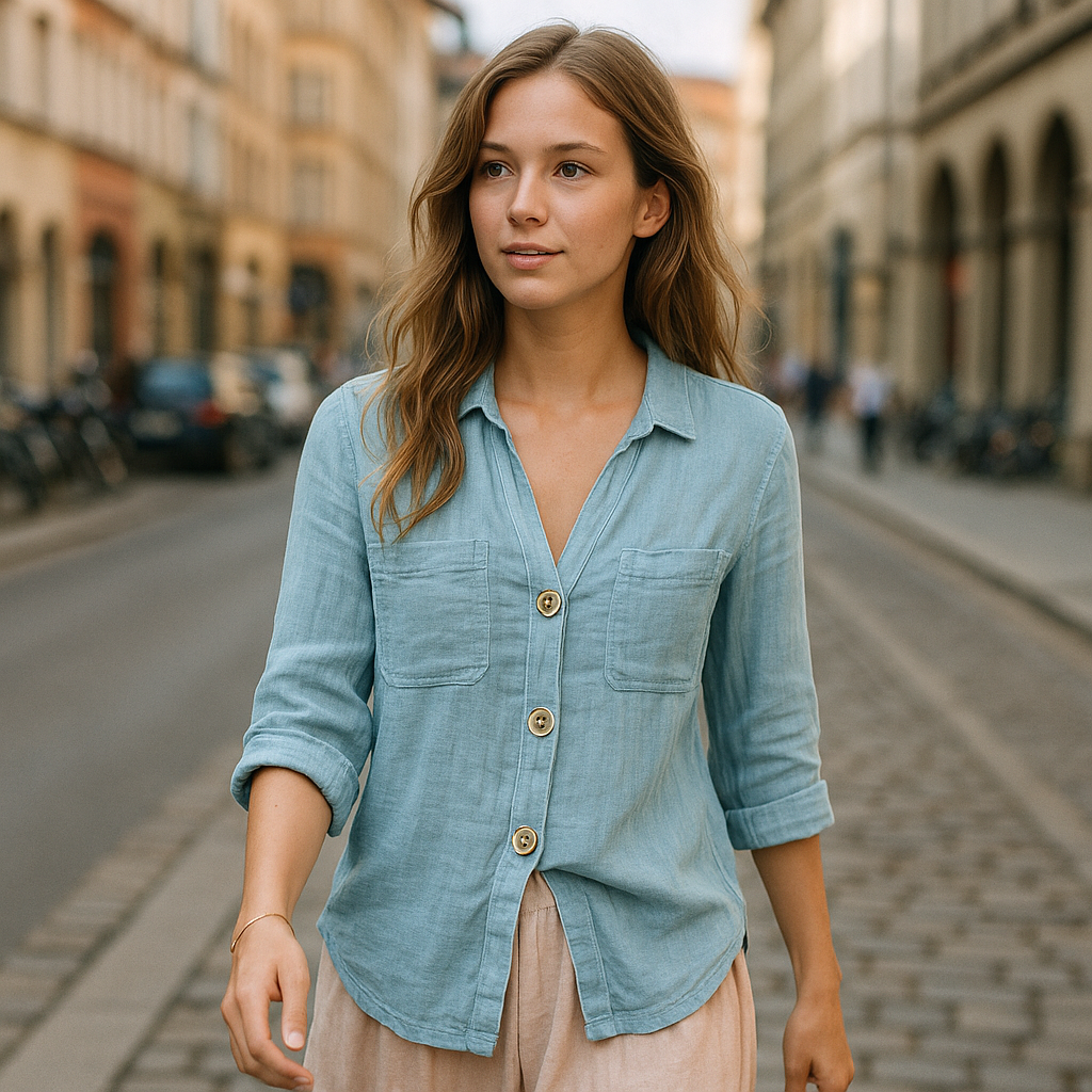 Light blue linen button shirt with V-neckline, front pockets, and three-quarter rolled sleeves, styled for a breezy summer look