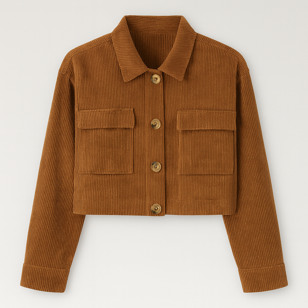 Brown cropped corduroy jacket with front buttons and oversized pockets, styled with denim jeans.